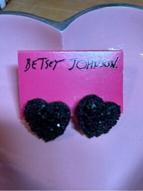Betsey Johnson Black Glitter Heart Stud Earrings, BRAND NEW WITH TAG!